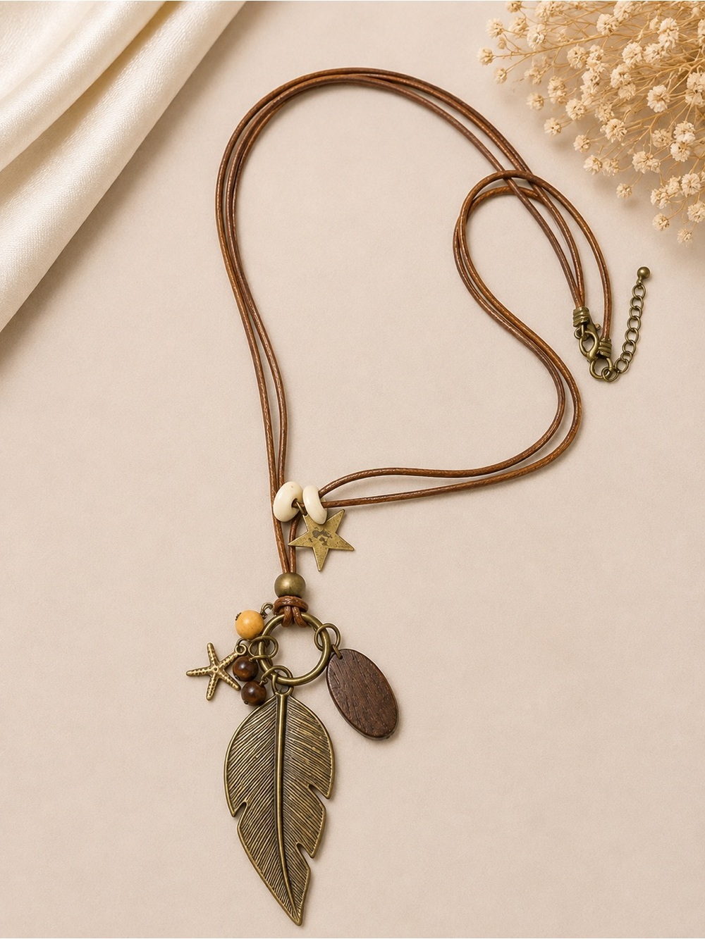 Rustic Brown Leather Feather Charm Necklace - Unbranded